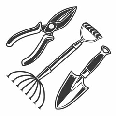 Gardening tools set rake shovel secateurs monochrome illustration