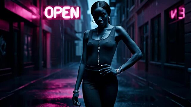 A confident woman in a sleek outfit walks through a neon-lit alley at night, showcasing vibrant colors and reflections in the rain - sexy skinny black chick