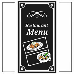 Elegant black restaurant menu template design with food illustrations