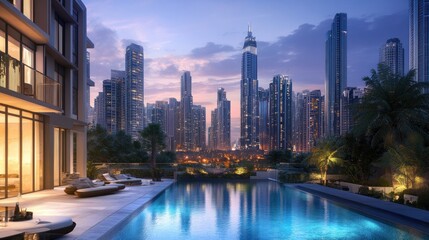 Naklejka premium Luxurious rooftop pool overlooking Dubai skyline