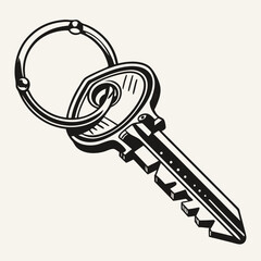 Vintage key with keychain illustration black and white design
