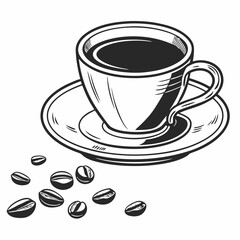 Hand drawn coffee cup beans saucer breakfast drink caffeine energy morning aroma