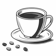 A cup of coffee on a saucer with coffee beans