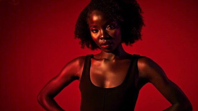 A confident model poses against a vibrant red backdrop, showcasing elegance and strength, with soft lighting enhancing her features - sexy skinny black chick