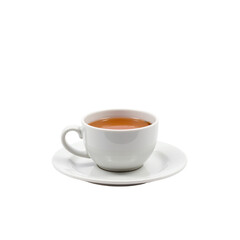 Delicate white porcelain cup and saucer with fragrant tea, isolated on transparent background. elegant morning beverage.