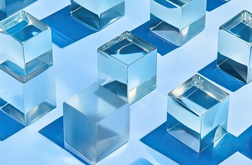 Glass cubes pattern on light blue, casting strong, geometric shadows