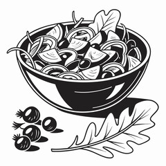 Fresh vegetable salad in bowl black and white illustration