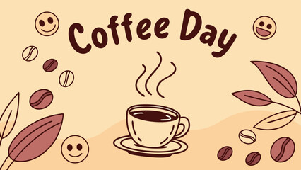 Coffee Day Celebration Illustration Featuring Steaming Coffee Cup With Beans And Festive Ribbon Accents