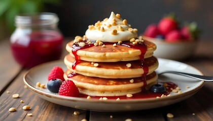 Delicious Buttermilk Pancakes Stack with Berries and Cream Topping