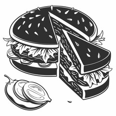 Delicious burger and cake slice fusion food illustration