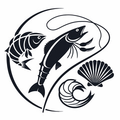 Seafood design black and white fish shrimp shell illustration