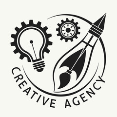 Creative agency logo design gears lightbulb brush