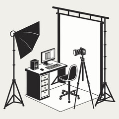 Professional photography studio setup computer desk camera lighting equipment