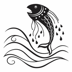 Stylized fish leaping from ocean waves abstract art design