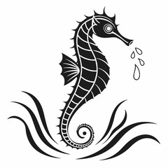 Stylized black seahorse ocean waves aquatic design
