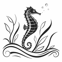 Elegant black seahorse design ocean waves seaweed bubbles