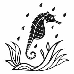 Elegant black seahorse illustration aquatic ocean life rain water drops seaweed