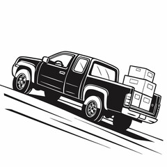 Black and white illustration pickup truck carrying boxes uphill © ADOBE