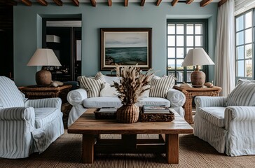Light-filled living room with a coastal theme.