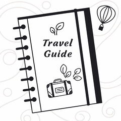 Travel guide notebook design with suitcase and hot air balloon