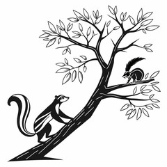Skunk and squirrel on a tree branch black and white illustration