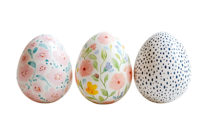 Three decorated easter eggs with floral and spotted designs on transparent background