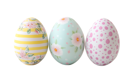 Three decorated easter eggs with floral and polka dot designs on transparent background