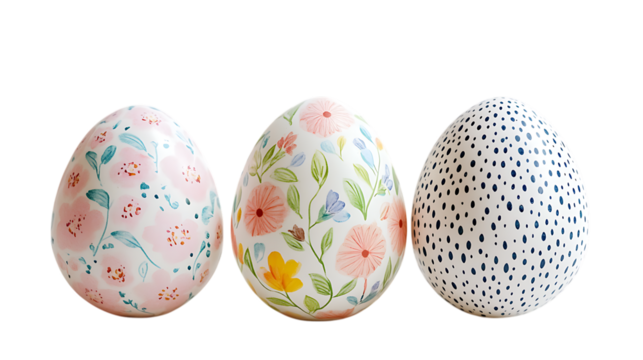 Three decorated easter eggs with floral and spotted designs on transparent background