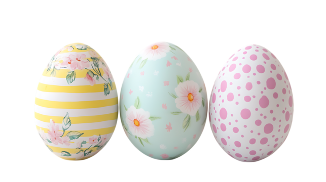 Three decorated easter eggs with floral and polka dot designs on transparent background