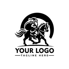 Santa Claus riding a horse carrying a sack full of gifts, black and white cartoon vector illustration
