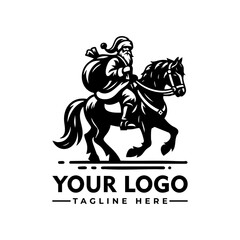 Santa Claus riding a horse carrying a sack full of gifts, black and white cartoon vector illustration
