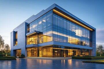 Obraz premium Modern Building with Glass Facade in Urban Landscape - Contemporary Design and Futuristic Architecture for Investment Property