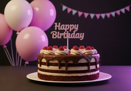 Chocolate Cake with Pink Balloons and Raspberries on Dark Table