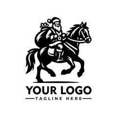 Santa Claus riding a horse carrying a sack full of gifts, black and white cartoon vector illustration
