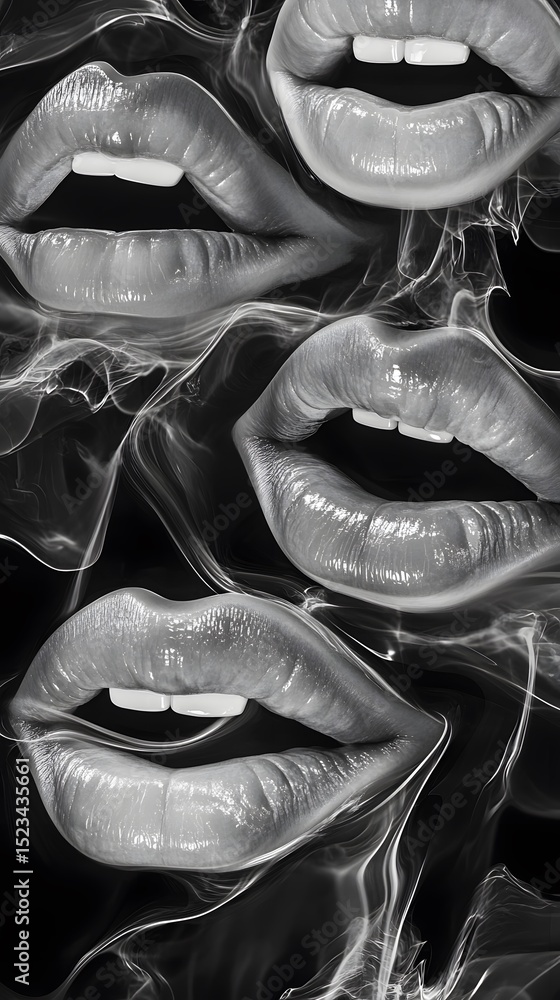 Poster close-up of multiple lips in a grayscale design.