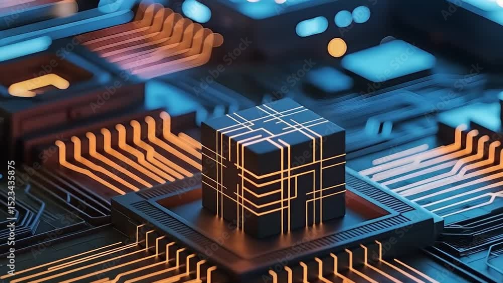 Poster futuristic 3d render of a glowing circuit cube on a cybernetic motherboard structure