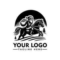 Santa Claus riding a horse carrying a sack full of gifts, black and white cartoon vector illustration
