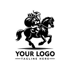 Santa Claus riding a horse carrying a sack full of gifts, black and white cartoon vector illustration
