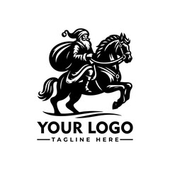 Santa Claus riding a horse carrying a sack full of gifts, black and white cartoon vector illustration

