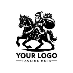 Naklejka premium Santa Claus riding a horse carrying a sack full of gifts, black and white cartoon vector illustration 