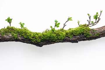 Spring Forest Ecosystem. Mossy Branch Surface and Lush Green Plant Life in Nature Photography