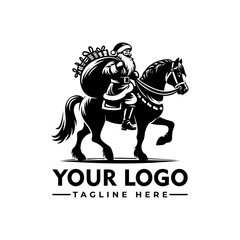 Santa Claus riding a horse carrying a sack full of gifts, black and white cartoon vector illustration
