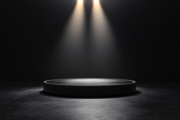 Theater Stage Spotlight. Dramatic Lighting and Performance Venue Design for Artistic Showcase and Events in Black Ambient Illumination