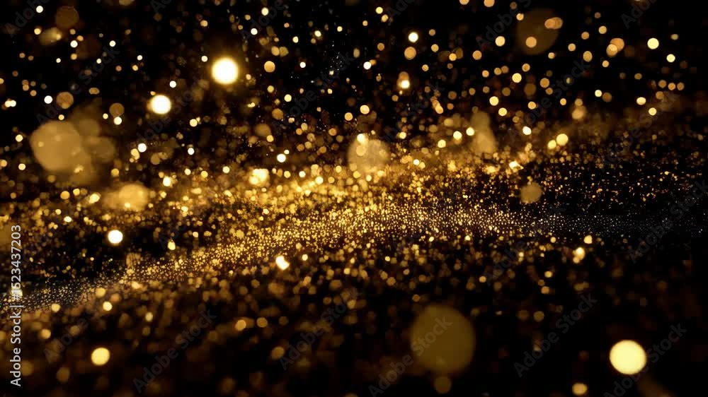 Poster golden glittering particles flow slowly over a dark surface creating a magical and shimmering effect