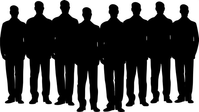 "Ten silhouetted figures in tuxedos stand shoulder-width apart in a perfect horizontal line on a white canvas. They are symmetrically arranged, casting deep shadows beneath them, with strong, crisp li