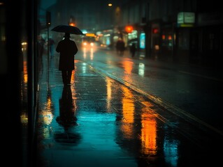Fototapeta premium Person with umbrella walking on rainy street