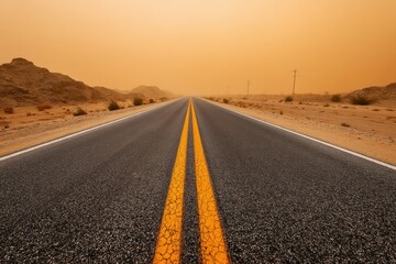 Endless desert highway under orange sky with vanishing point perspective