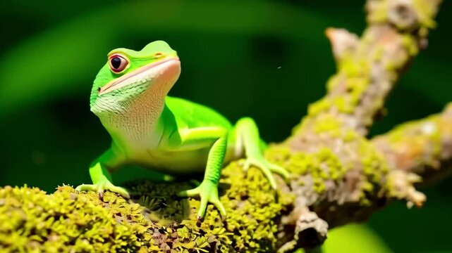 Green Lizard Perched on Mossy Branch in Tropical Forest