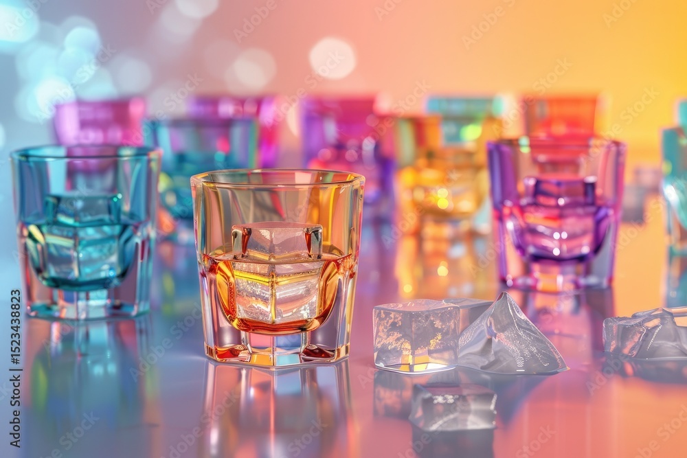 Poster detailed color picture of a table with different colored glasses and one with ice in it