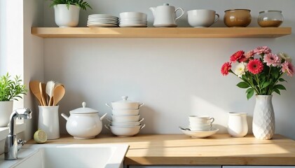 A neatly organized kitchen counter with clean dishes, sparkling appliances, and fresh flowers in a vase Simple, minimalist home organization and tidiness , vase, bright, spotless